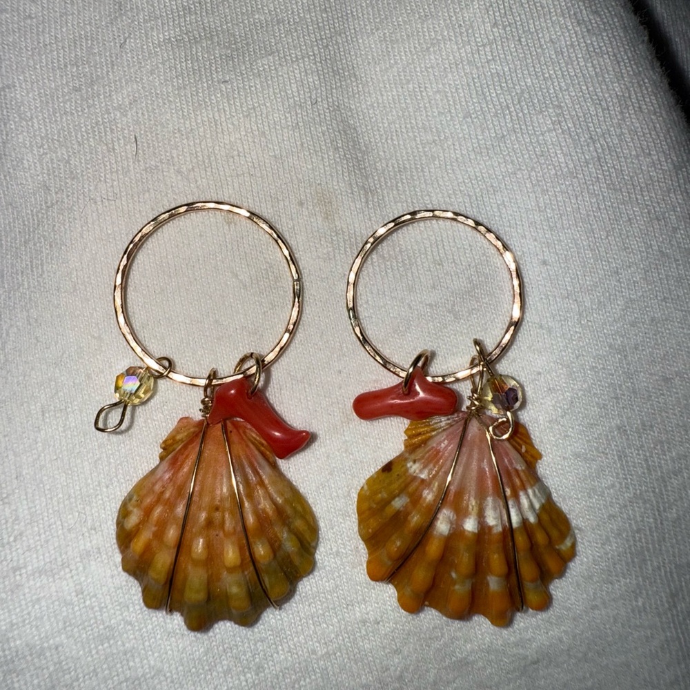 Sunrise Shell Hoop Earrings with Red Accents